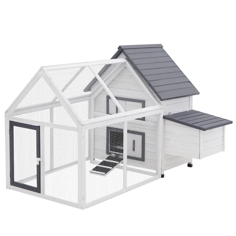 PawHut Gallinero de Madera para Exterior Jaula Grande de 2 Niveles 166x124x112 cm con Corral de Alambre Caja Nido Bandeja Extraíble y Rampa Gris y Blanco
