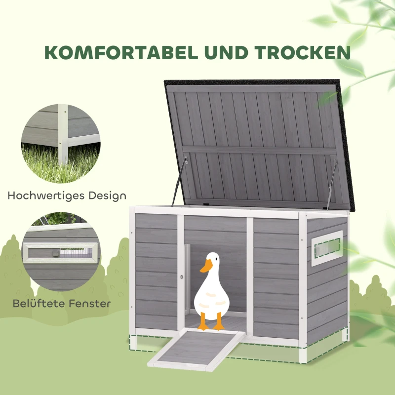 PawHut Entenstall wetterfest Entenhaus aus Holz mit herausnehmbar Boden Schiebefenster aufklappbar Asphaltdach 93x70x72cm Grau