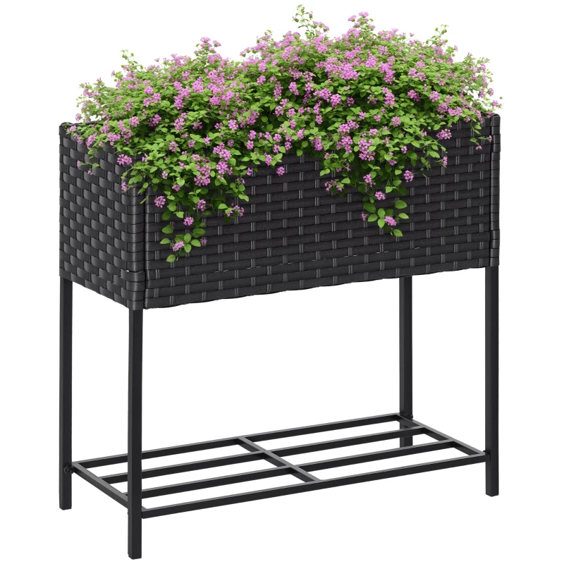 Outsunny Hochbeet, Blumenkasten, tiefe Ablage, Metallrahmen/Polyrattan, 70 x 30 x 70 cm, Dunkelbraun