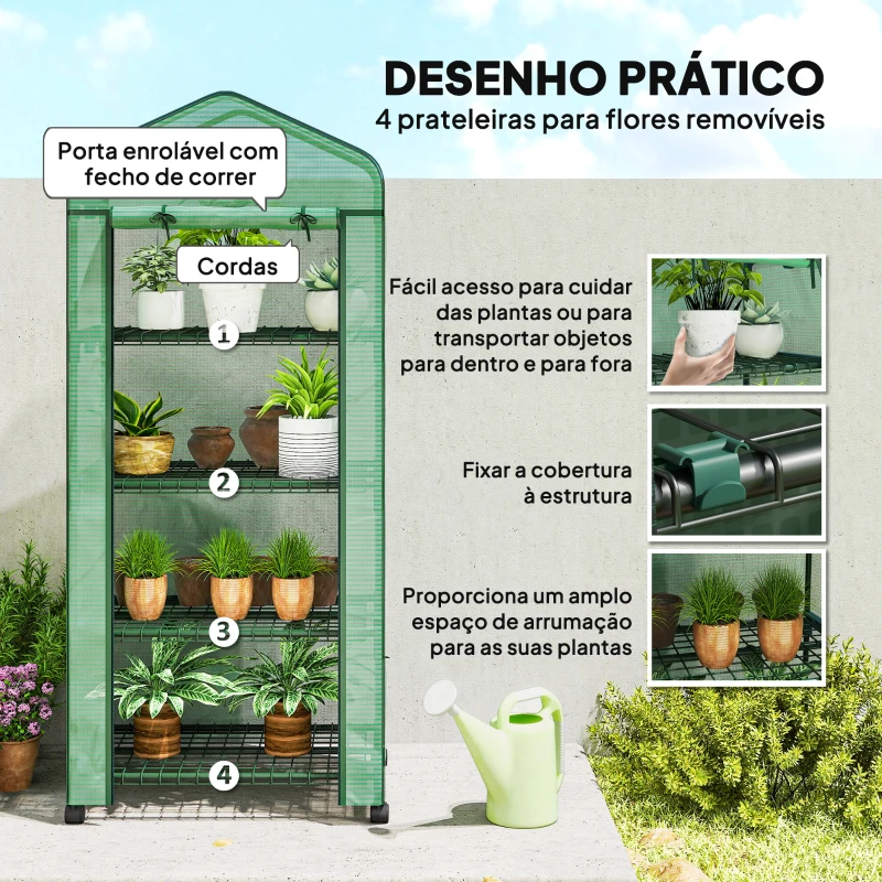 Outsunny Estufa de Exterior com 4 Prateleiras e Rodas Porta Enrolável Estrutura em Aço e Cobertura de PE 140g/㎡ Anti-UV 69x50x165 cm Verde