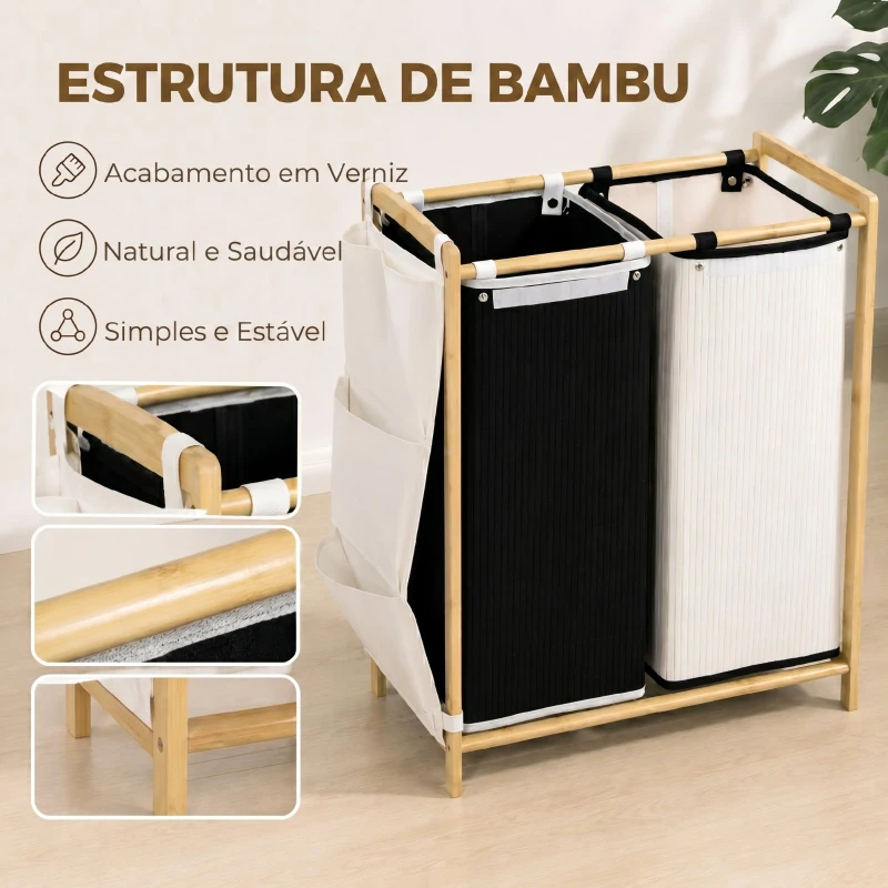 HOMCOM Cesto de Roupa Suja com Tampa 120L de Bambu com 2 Compartimentos Sacos com Cordão Bolsos Laterais Branco e Preto