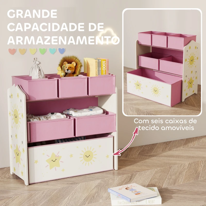 AIYAPLAY Estante Infantil para Brinquedos com 6 Caixas em Tecido Não Tecido Organizador de Brinquedos de 3 Níveis 63x30x66 cm Rosa