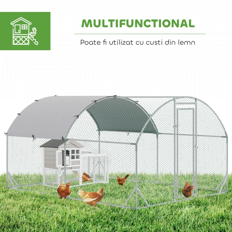 PawHut țarc pentru găini din metal galvanizat cu acoperiș și acoperire anti-UV, 280x380x197 cm, argintiu