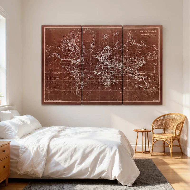 HOMCOM Quadros Decorativos Mapa Múndi Vintage Pintados à Mão 120x60 cm Quadros de Arte de Parede com Moldura de Madeira Castanho