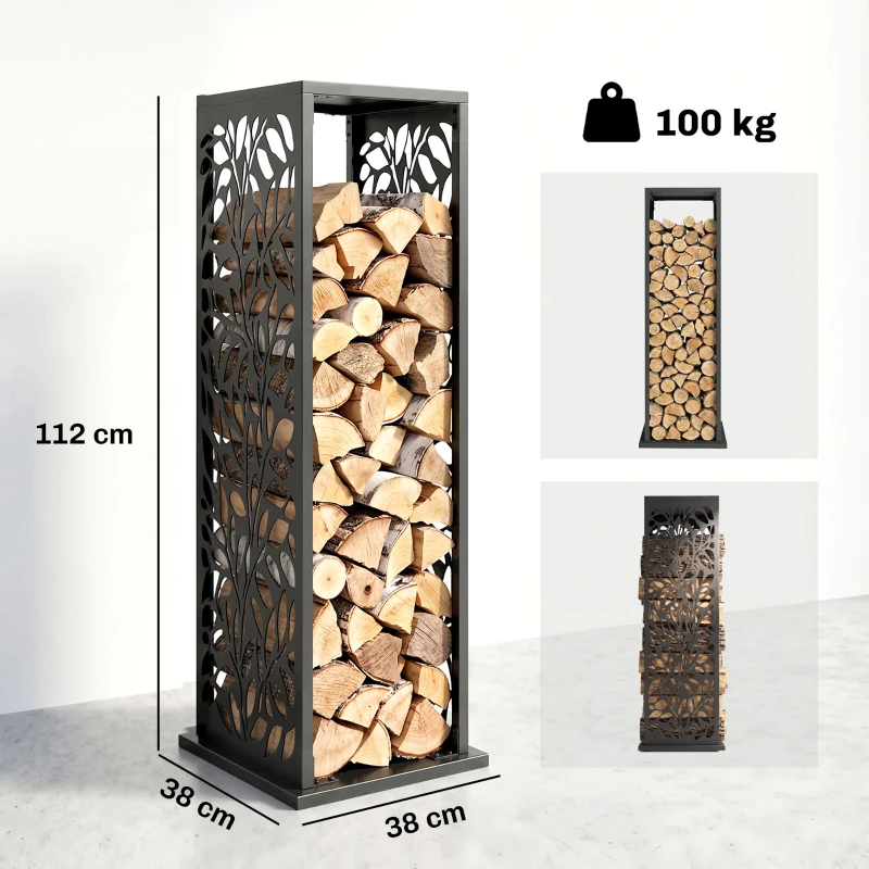 Outsunny aminholzregal 38 x 38 x 112cm erhöhtes Brennholzregal mit 4 Haken Dekorative Aussparungen bis 100 kg Stahl