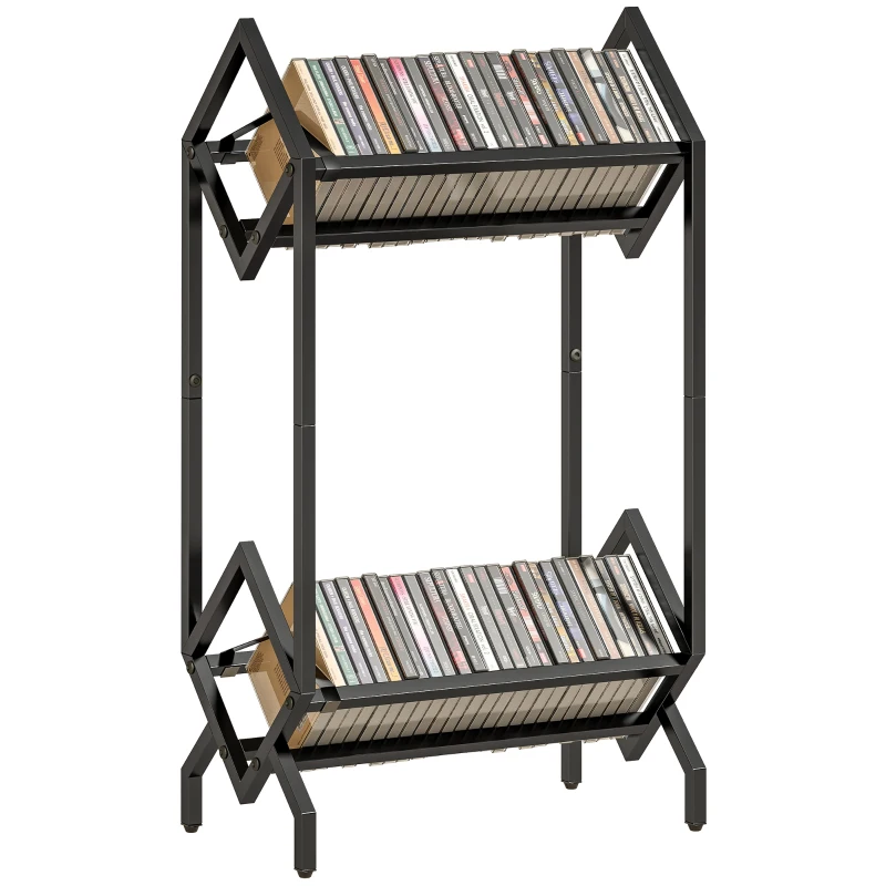 HOMCOM Organizator CD-uri pentru 50 CD-uri, Organizator Viniluri 2 Niveluri din Metal pentru DVD-uri, Cărți, Albume, Negru