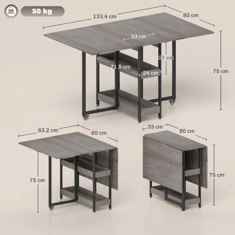 HOMCOM Masă Pliabilă cu 2 Extensii pentru 4 Persoane cu 2 Rafturi Deschise, din Lemn și Metal, 133.4x80x75 cm, Gri