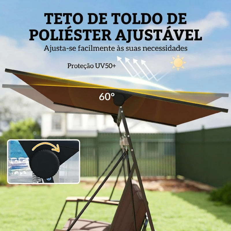 Outsunny Baloiço de Jardim de 3 Lugares com Teto Ajustável UPF50+ 2 Bandejas Almofadas e Estrutura em Metal 222x131x175 cm Marrom