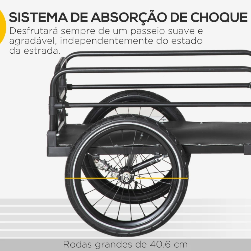 HOMCOM Reboque de Carga para Bicicletas com 2 Rodas Refletores e Bandeira Capacidade de 70L Carga 40 kg 125x64x53,5 cm Preto