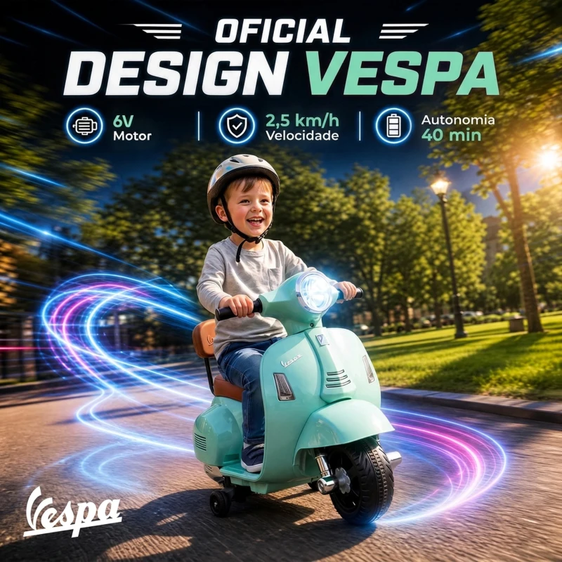 AIYAPLAY Mota Elétrica Infantil Mini Vespa GTS com 2 Rodas Auxiliares, Bateria de Lítio, Farol, Buzina e Encosto, Verde