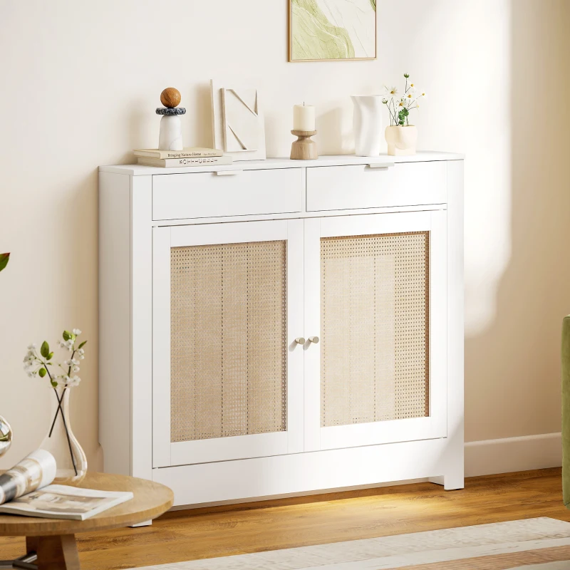 HOMCOM Cobertura para Radiador com Portas Rebatíveis e Vime Proteção Radiador de MDF 111x19x95,5 cm com Compartimento Desenho Boémio Branco