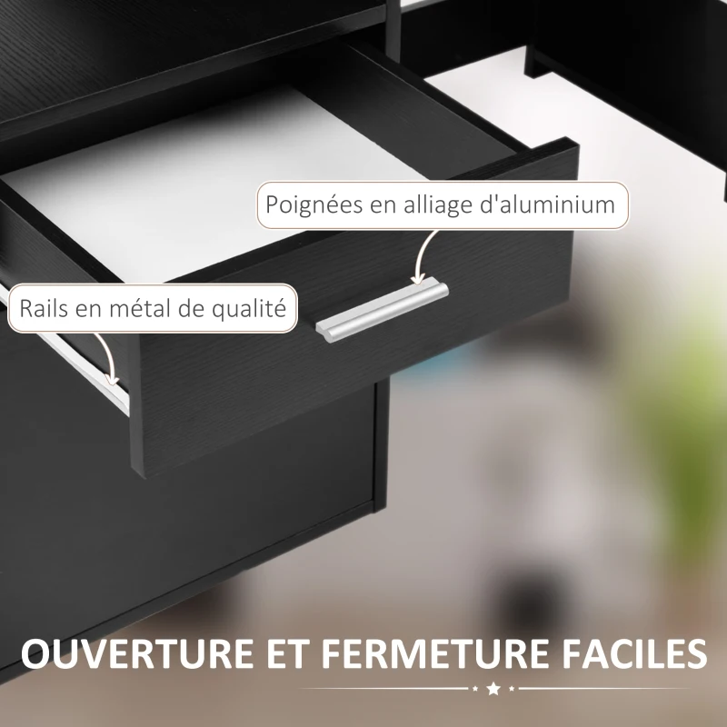 HOMCOM Bureau informatique avec 2 tiroirs, bureau avec rangement, 137 x 55 x 92 cm, étagères ouvertes et tablette d'imprimante, style moderne, table d'ordinateur pour chambre, studio, noir