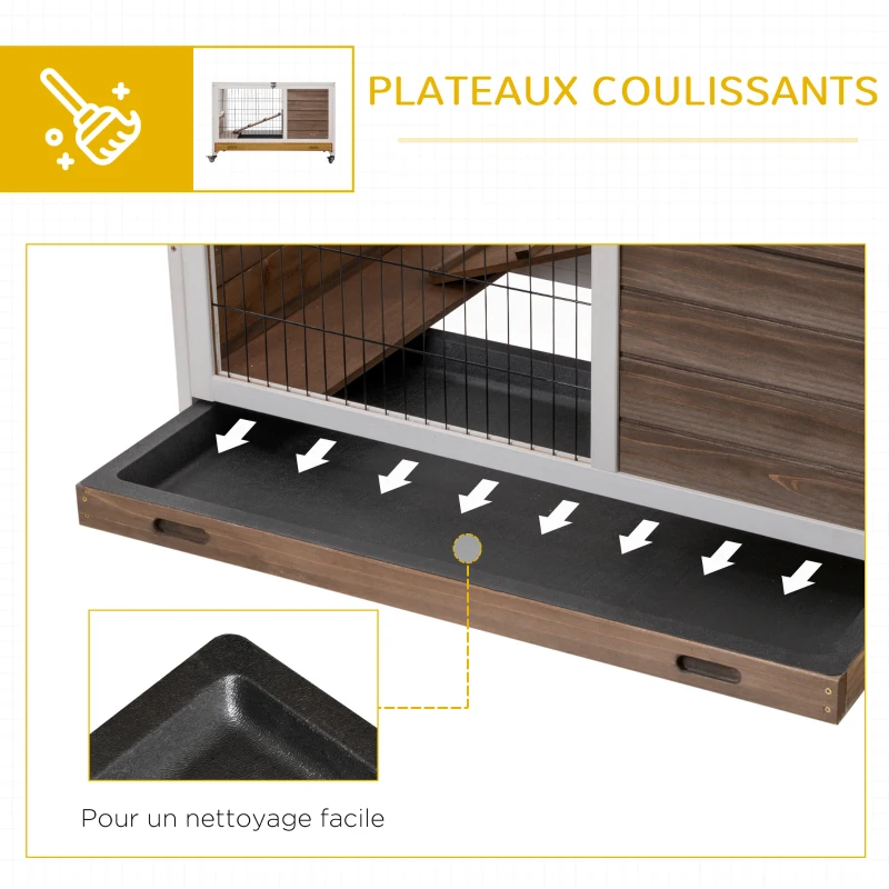 PawHut Clapier à lapin sur roulettes 2 étages porte verrouillable toit ouvrant plateau coulissant rampe marron blanc