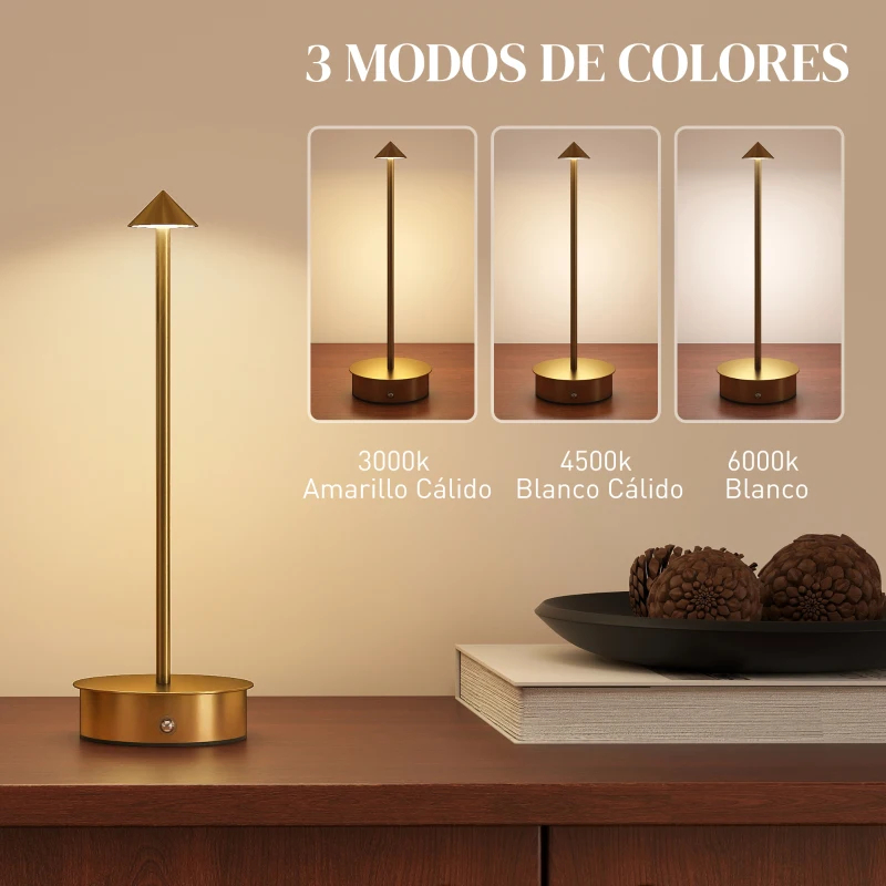HOMCOM Juego de 2 Lámparas de Mesa LED Recargables con USB y Control Táctil y Luz Regulable Ø10x30 cm Dorado