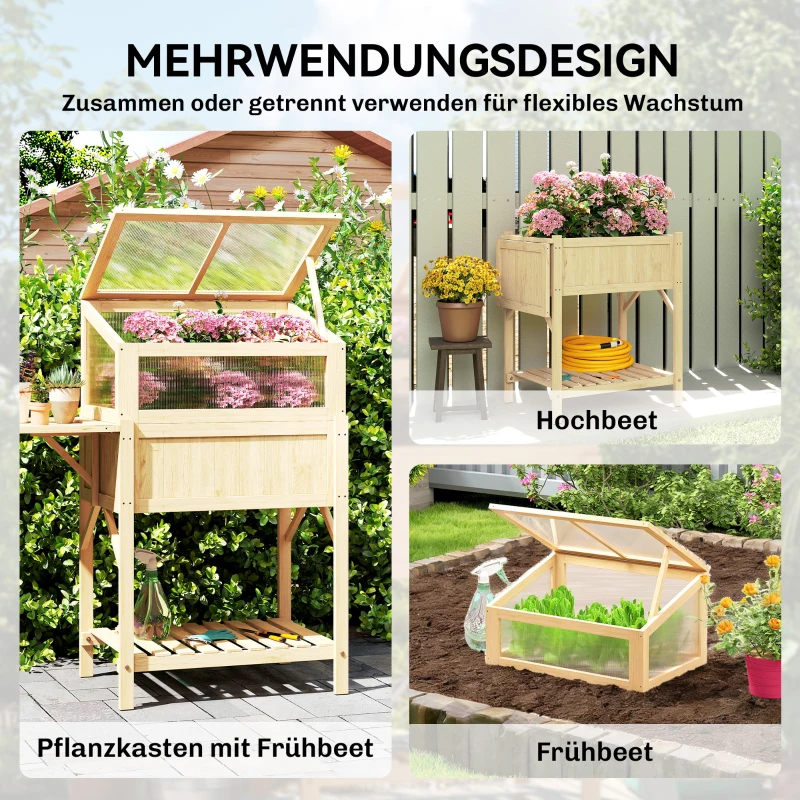 Outsunny Hochbeet mit Frühbeetaufsatz aus Holz Pflanzkasten mit Gewächshaus klappbar Seitentisch Ablagefach Naturholz