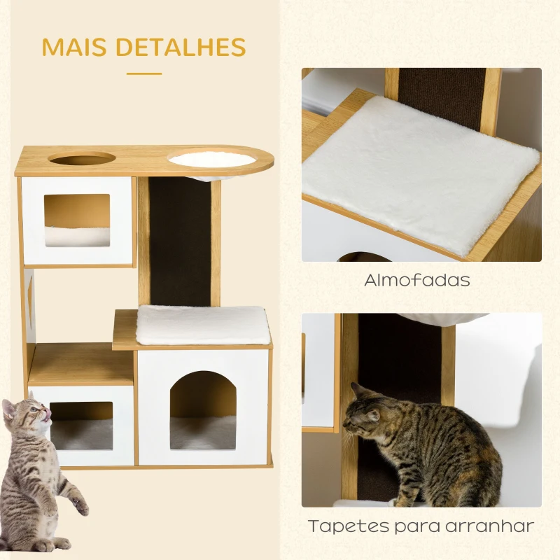 PawHut Casa para Gatos com 3 Casas de Madeira Almofadas Laváveis Placa de Arranhar e Rede 76x37x92,5cm Carvalho