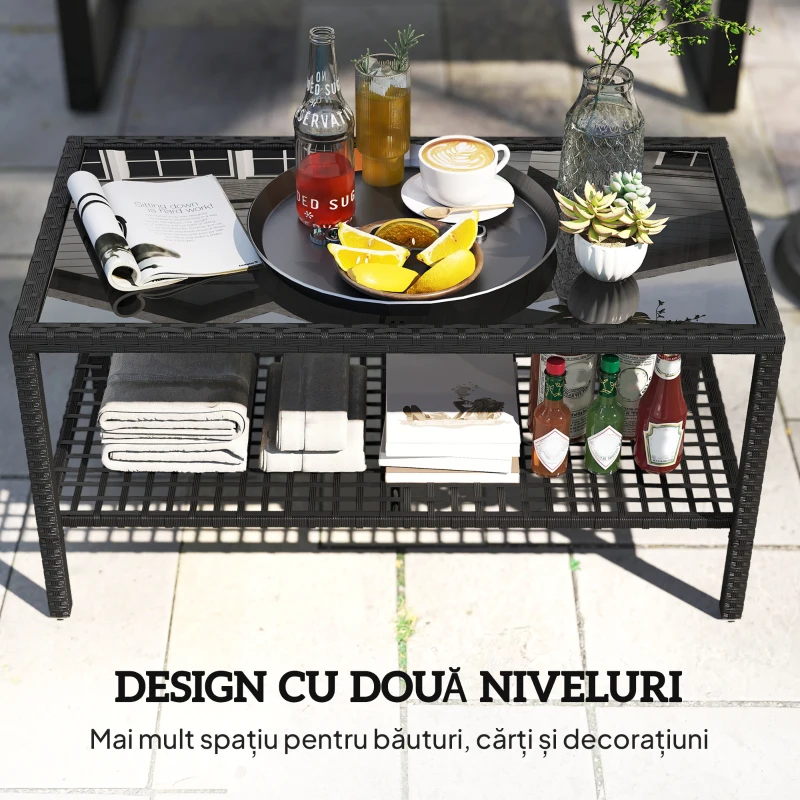 Outsunny Măsuță de Cafea din Ratan pe 2 Niveluri cu Raft, Blat din Sticlă Securizată, Măsuță de Exterior cu Cadru din Oțel, 92x50x45 cm, Negru