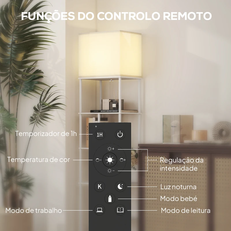 HOMCOM Candeeiro de Pé com Prateleiras Brilho e Temperaturas de Cor Ajustáveis 3000K-6500K e Temporizador 40x29x171 cm Branco