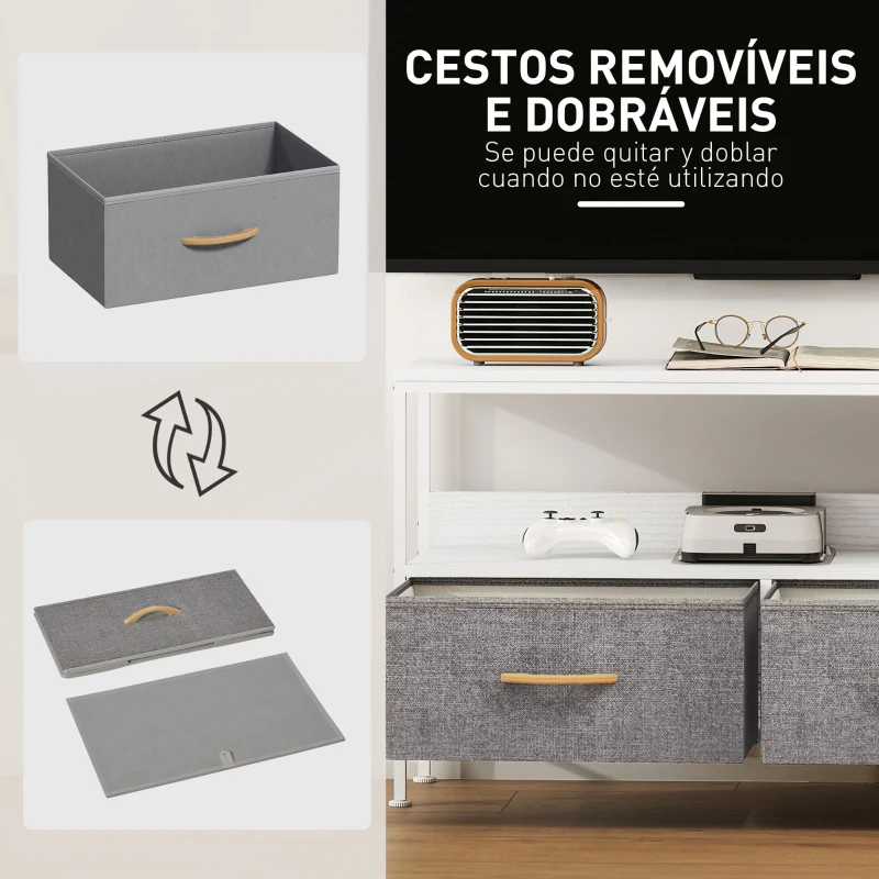 HOMCOM Móvel de TV com Prateleira e 2 Gavetas de Tecido Dobráveis para Televisores até 47 Polegadas  98x29x56 cm Branco e Cinza