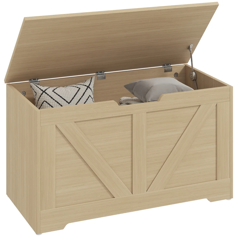 HOMCOM Coffre de rangement, banc de rangement avec couvercle rabattable et charnières de sécurité, 80 x 40 x 45 cm, bois naturel