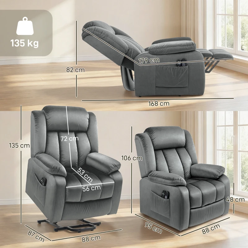 HOMCOM Aufstehsessel mit Massagefunktion und Lendenheizung, Recliner-Sessel mit Fernbedienungen und Seitentaschen, Grau