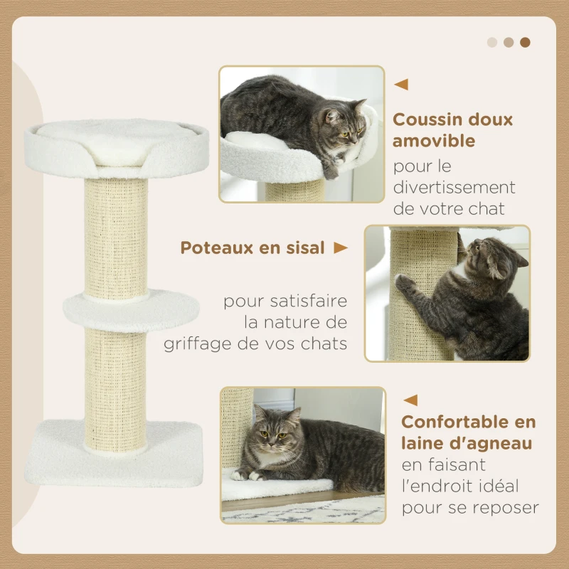 PawHut Arbre à chat avec griffoir centre d'activités 2 plateformes coussin crème