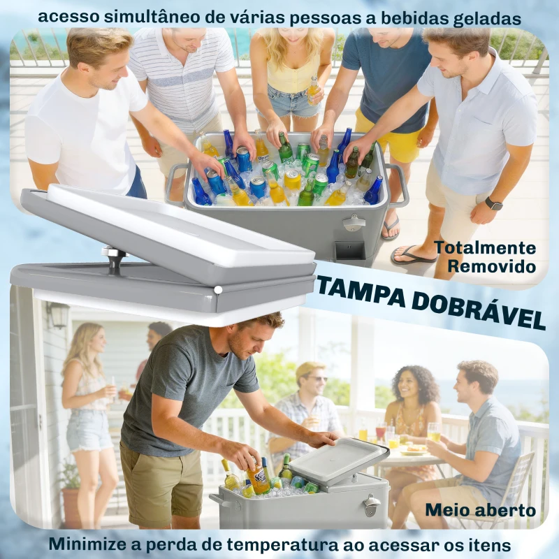 Outsunny Carrinho Refrigerador de 76L com Rodas Prateleira Abre-Garrafas Coletor de Tampas Dreno e 2 Alças para Pátio Festa 92x39x81 cm Prata