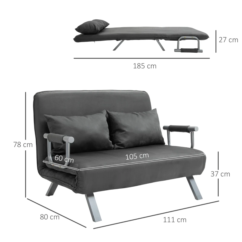 HOMCOM Sofá Cama de 2 Lugares Estofado em Camurça Sintética com Encosto Ajustável em 5 Níveis e 2 Almofadas 111x80x78 cm Cinzento