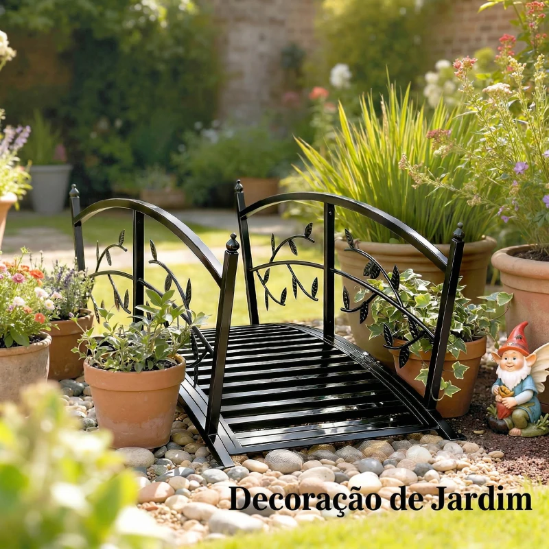Outsunny Ponte de Jardim Metálica 1,2 m Ponte Decorativa para Lagos com Corrimãos de Segurança e Design de Folhas Preto