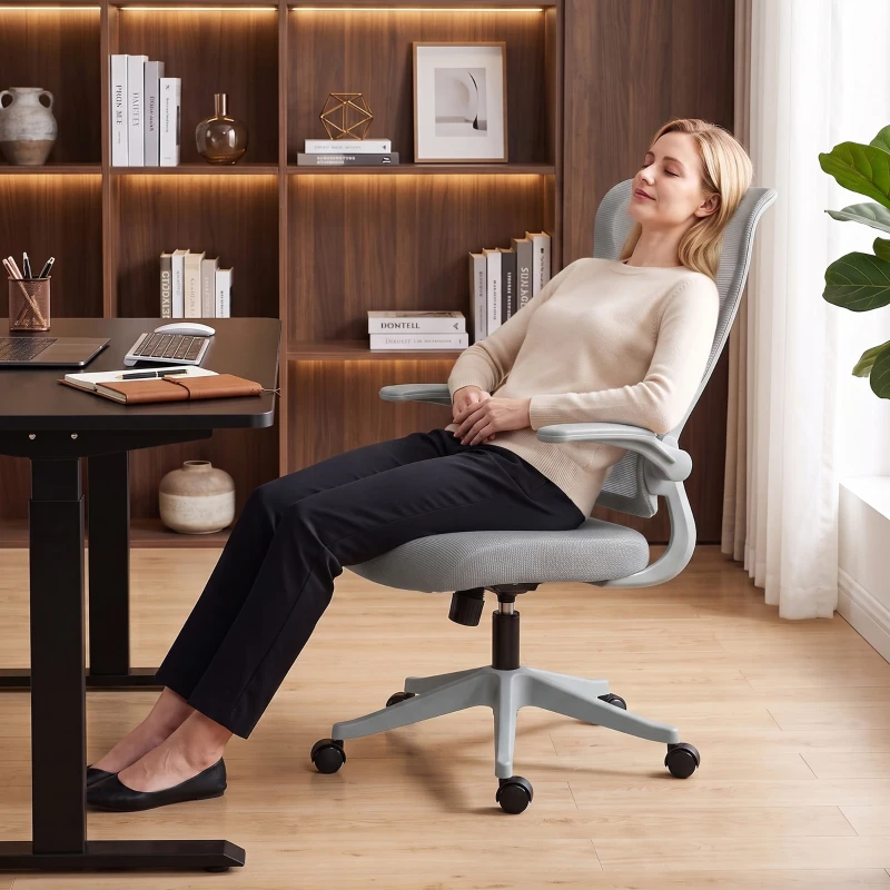 HOMCOM Silla de Escritorio Giratoria de Malla Reposabrazos Abatibles Respaldo Alto Función de Balanceo Altura Ajustable Gris