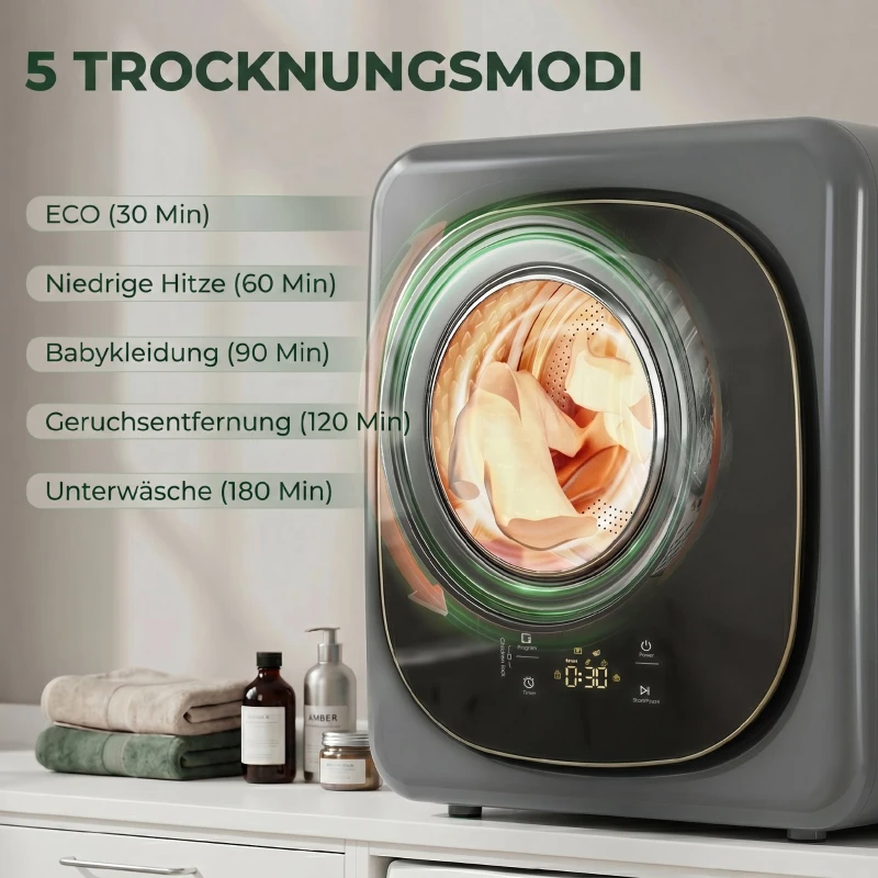 HOMCOM 4 kg Wäschetrockner, kompaktes Design, 5 Modi, Timer, Grau+Schwarz