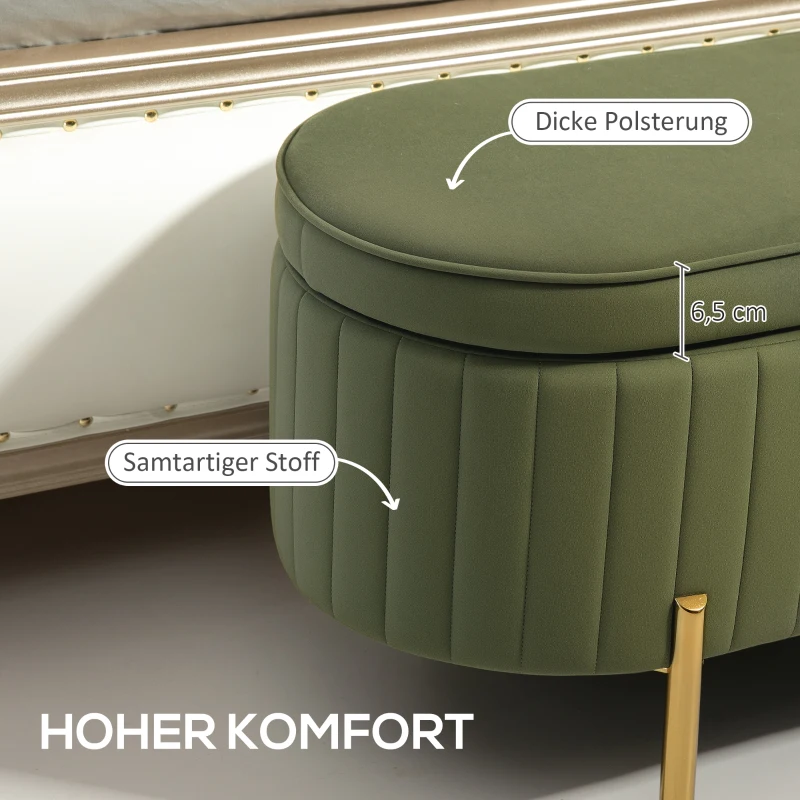 HOMCOM Sitzbank mit Klappdeckel und Stauraum, Stoffbezug, Holz, Metall, Dunkelgrün+Goldfarben(m-4)