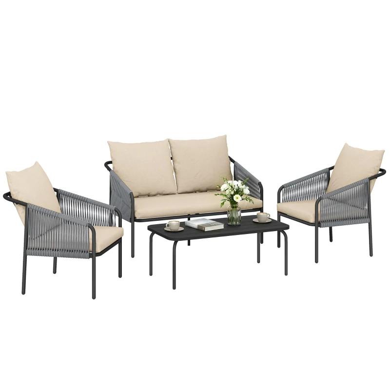 Outsunny Gartenmöbel Set 4-teilig Polyrattan Lounge-Set mit Zweisitzer 2 Sessel Couchtisch abnehmbar Kissen Bindebändern