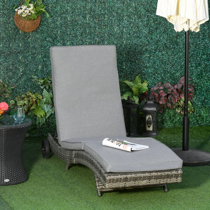 Outsunny Espreguiçadeira de Vime Reclinável Espreguiçadeira de Jardim com 2 Rodas Encosto Ajustável em 5 Posições 207x70x70 cm Cinza