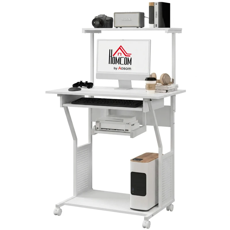 HOMCOM Secretária para Computador com Rodas, Bandeja para Teclado, Suporte para CPU e Prateleiras 80x50x130 cm Branco