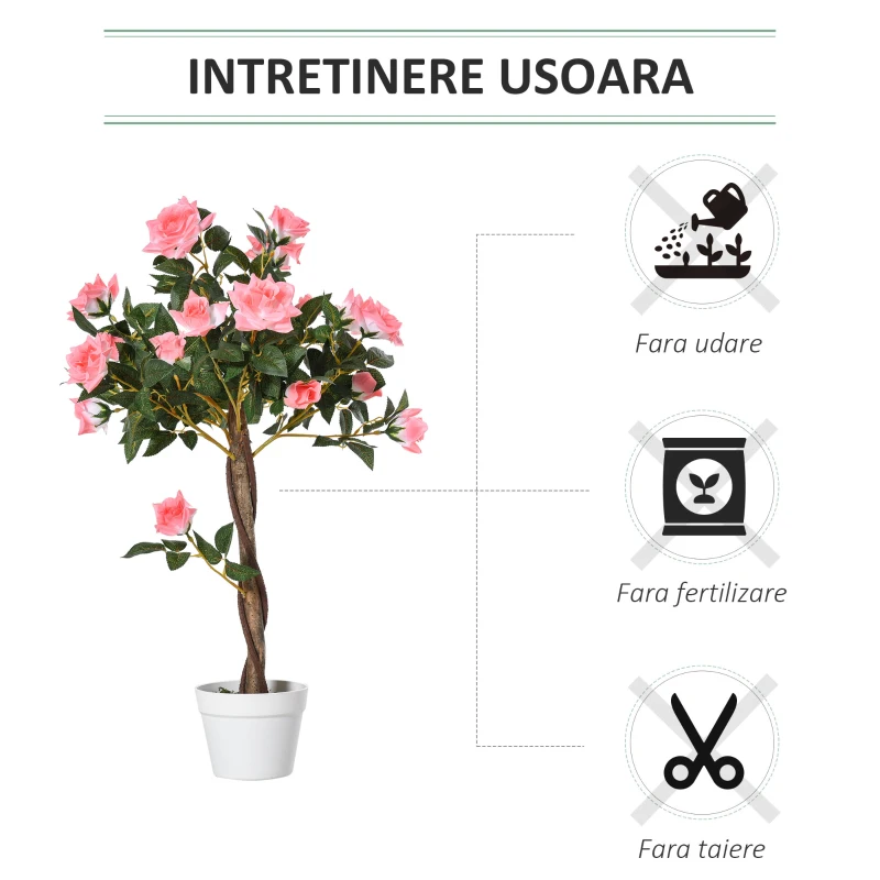 Outsunny Plantă Artificială de Trandafir cu 21 de Flori, cu Ghiveci din Ciment și Mușchi, Ø18x90 cm, Roz