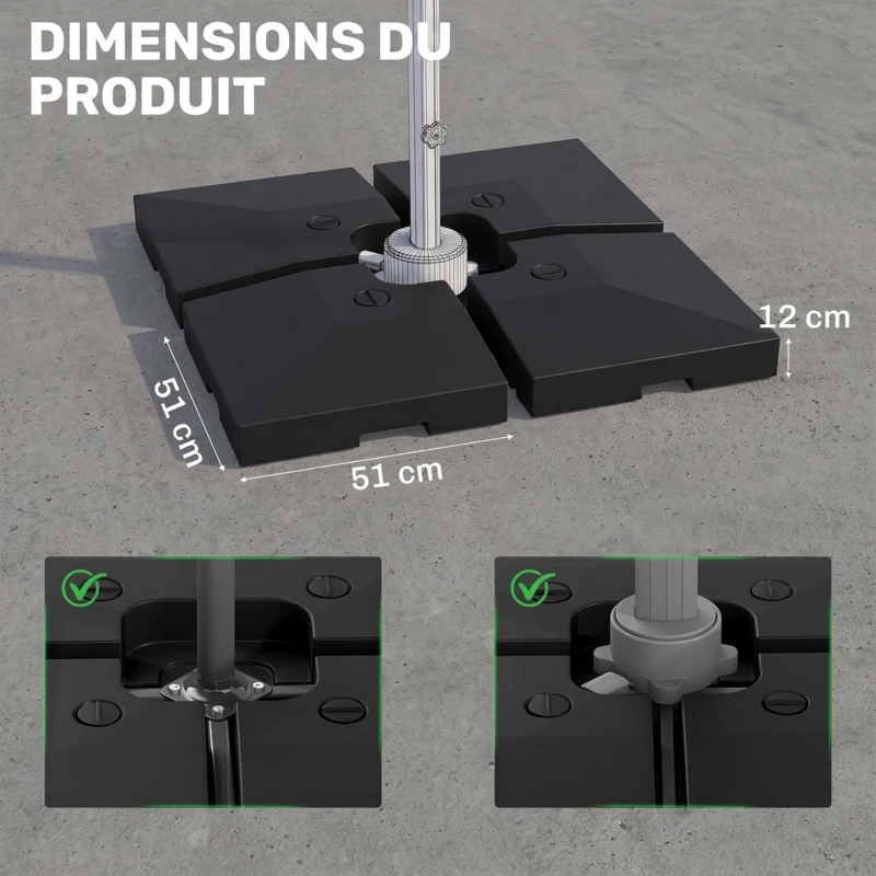 Outsunny Lot de 4 pied de parasol poids de lestage carré pour parasols déportés dim. par dalle 51L x 51l x 12H cm polyéthylène - A remplir d'eau jusqu'à 80 kg ou de sable jusqu'à 120 kg - noir