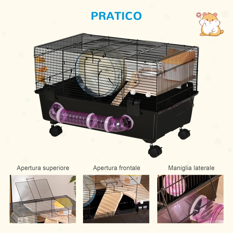 PawHut Gabbia per Criceti con Casetta, Tunnel e Ruota, Base con 4 Rotelle, 60x35x38.5cm, Nero e Marrone