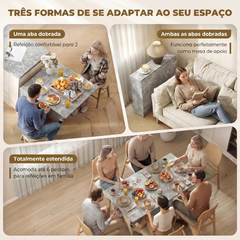 HOMCOM Mesa de Sala de Jantar Dobrável com 2 Prateleiras de Armazenamento e Rodas para Cozinha 75x140x74 cm Cinza