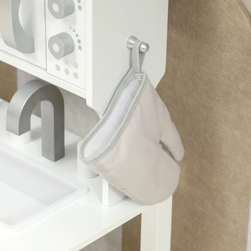 AIYAPLAY Cozinha de Brincar em Madeira com Som Acessórios Lava-Loiças Micro-Ondas e Fogão 55x24x86 cm Branco