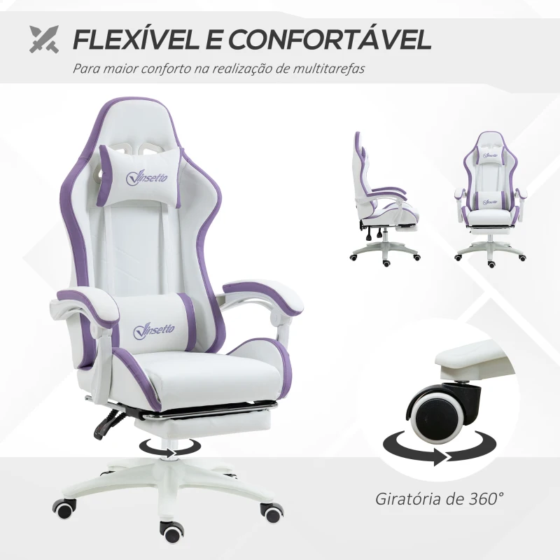 Vinsetto Cadeira Gaming de Couro PU com Altura Ajustável Reclinável 135° e Apoio para os Pés Retrátil 65x65x121-129 cm Branco e Roxo