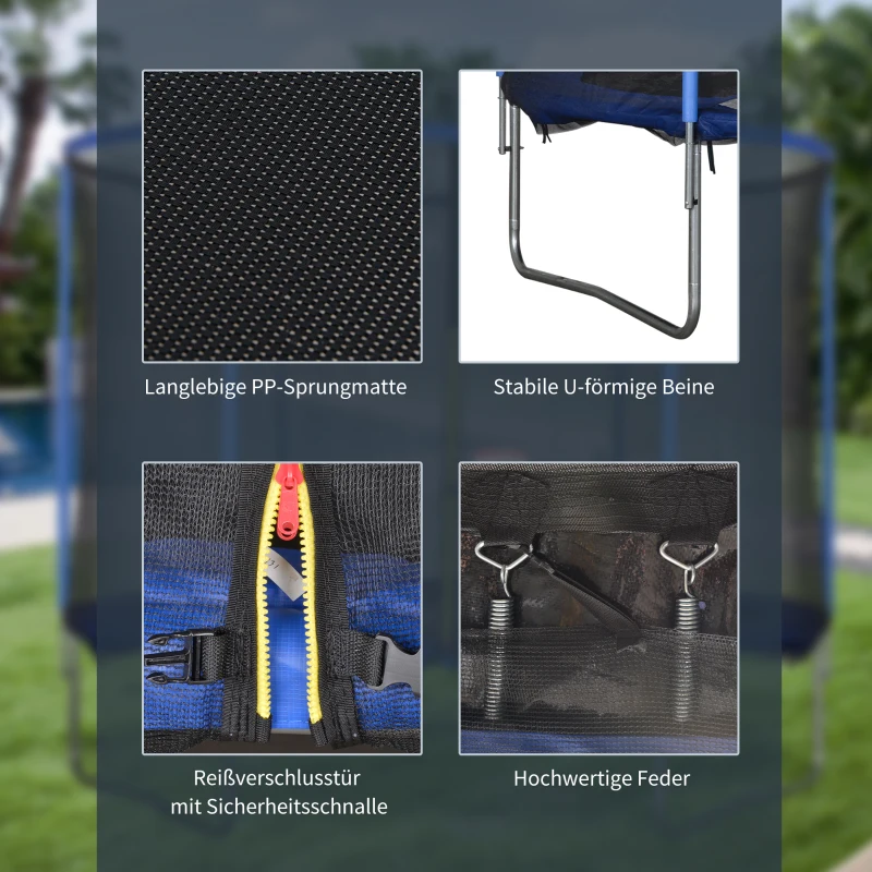 HOMCOM Trampolin mit Sicherheitsnetz Gartentrampolin für Innen- und Außenbereich Fitnesstrampolin für Jugendliche und Erwachsene Stahl Blau+Schwarz bis 113,6 kg Ø305 x 248H cm