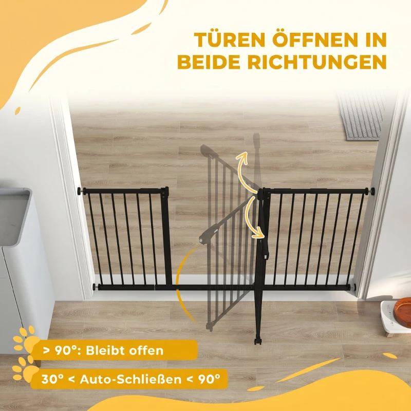 PawHut Türschutzgitter Treppenschutzgitter mit 17,5/20,3/30,5 cm Verlängerung Türgitter ohne Bohren mit Auto-Close für Breiten 74-147,5 cm Beidseitig Schwenkbar Metall Schwarz