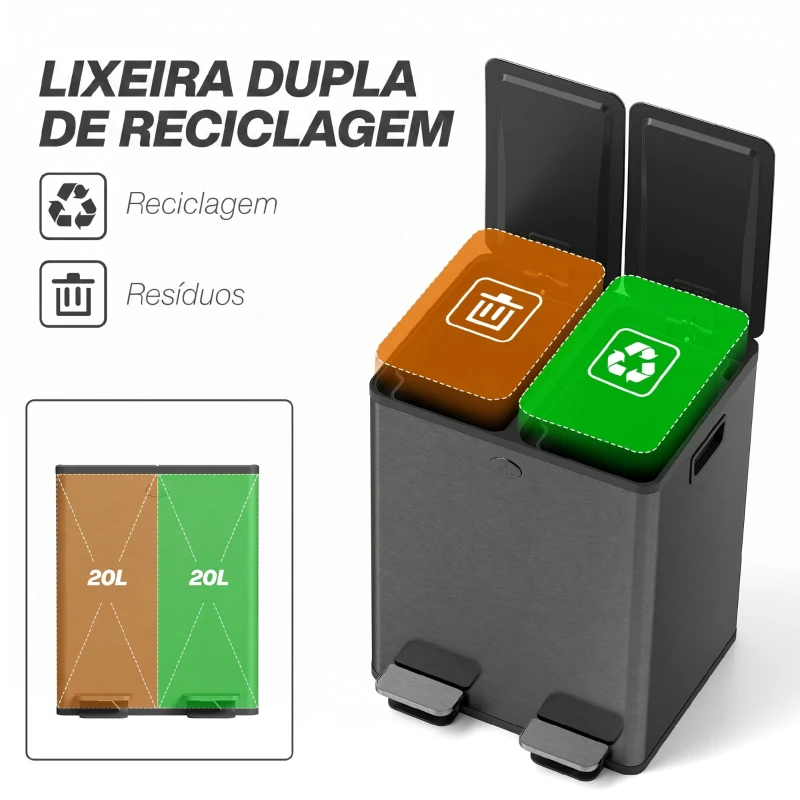HOMCOM Papeleira de Cozinha em Aço Inoxidável com 2 Compartimentos 2x20L Pedal, Tampas de Fecho Suave e Balde Removível Preto