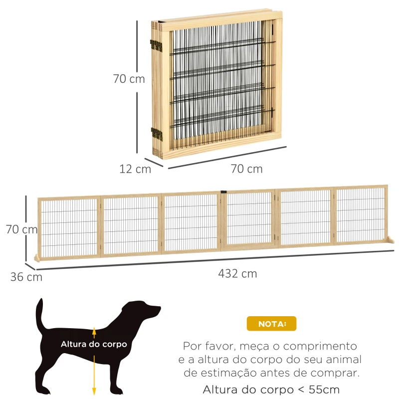 PawHut Barreira de Segurança para Cães de Madeira Dobrável para Cães Pequenos e Médios com 6 Painéis 432x36x70 cm Madeira