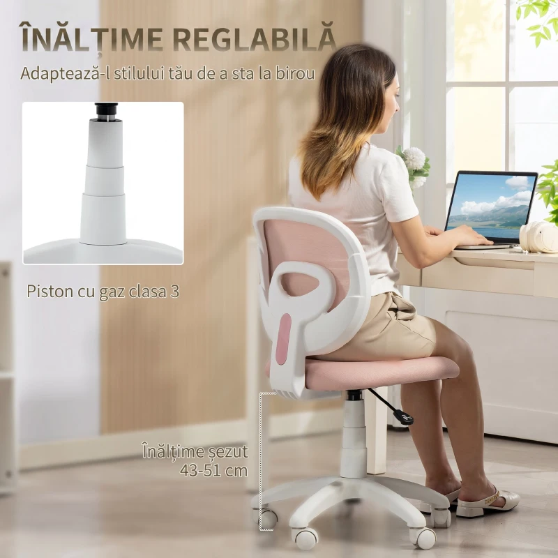 HOMCOM Scaun de Birou Ergonomic Rotativ din Material Tip Plasă Respirabil Fără Brațe, Înălțime Reglabilă, Roz