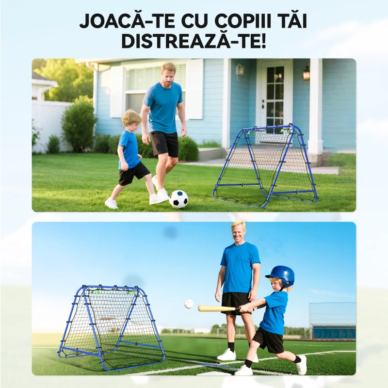 HOMCOM Plasă de Fotbal Rebounder Pliabilă din PE și Metal cu Unghi Reglabil și Țepușe, 100x95x90 cm, Albastru