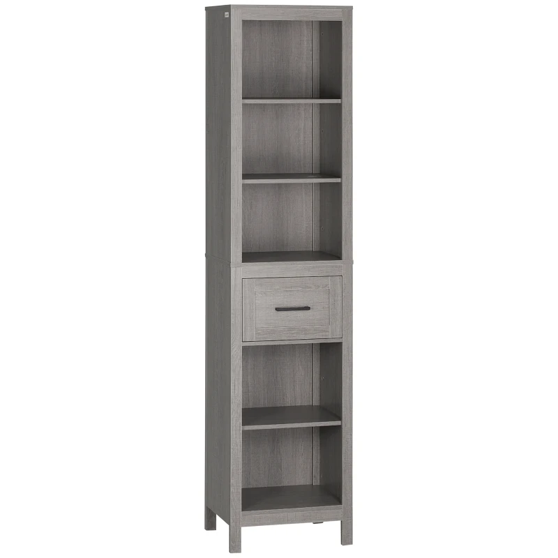 kleankin Coluna Casa de Banho com 1 Gaveta e Prateleiras Abertas Móvel Auxiliar de Armazenamento Anti-Tombo 42x30x170cm Cinza