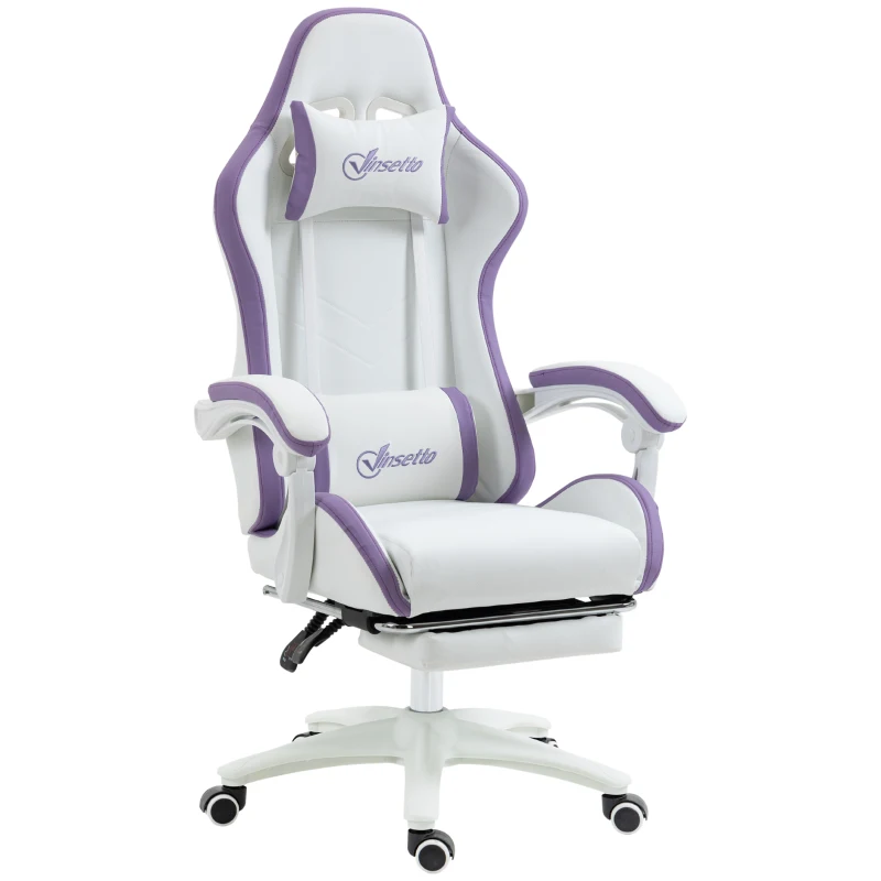 Vinsetto Cadeira Gaming de Couro PU com Altura Ajustável Reclinável 135° e Apoio para os Pés Retrátil 65x65x121-129 cm Branco e Roxo