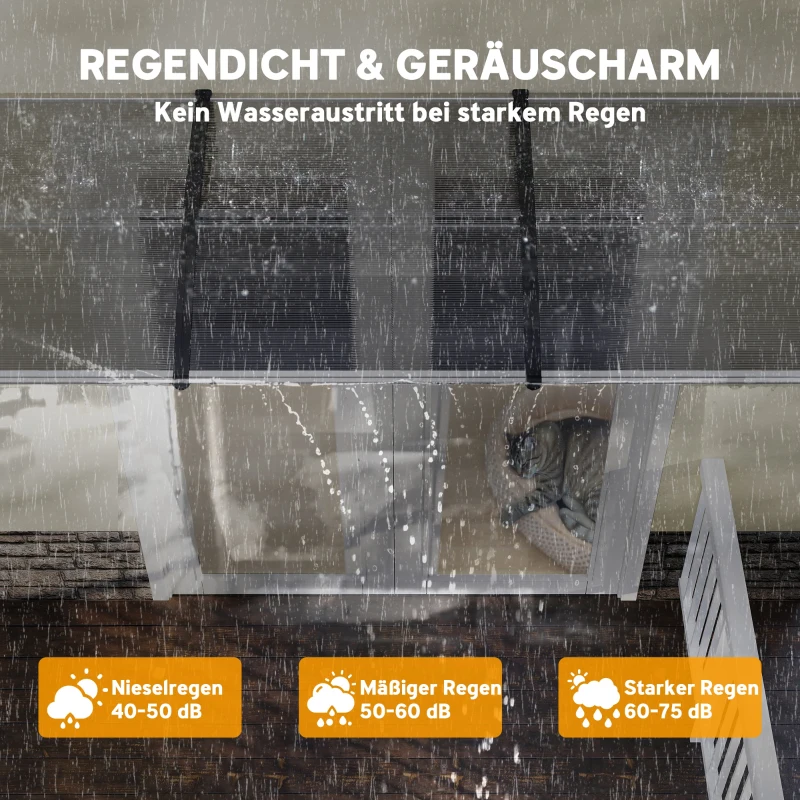 Outsunny Vordach für Haustür/Fenster, wetterfest, transparent, Aluminium-Verbindungstangen/Polycarbonat, 303x96x27cm, Schwarz(m-5)